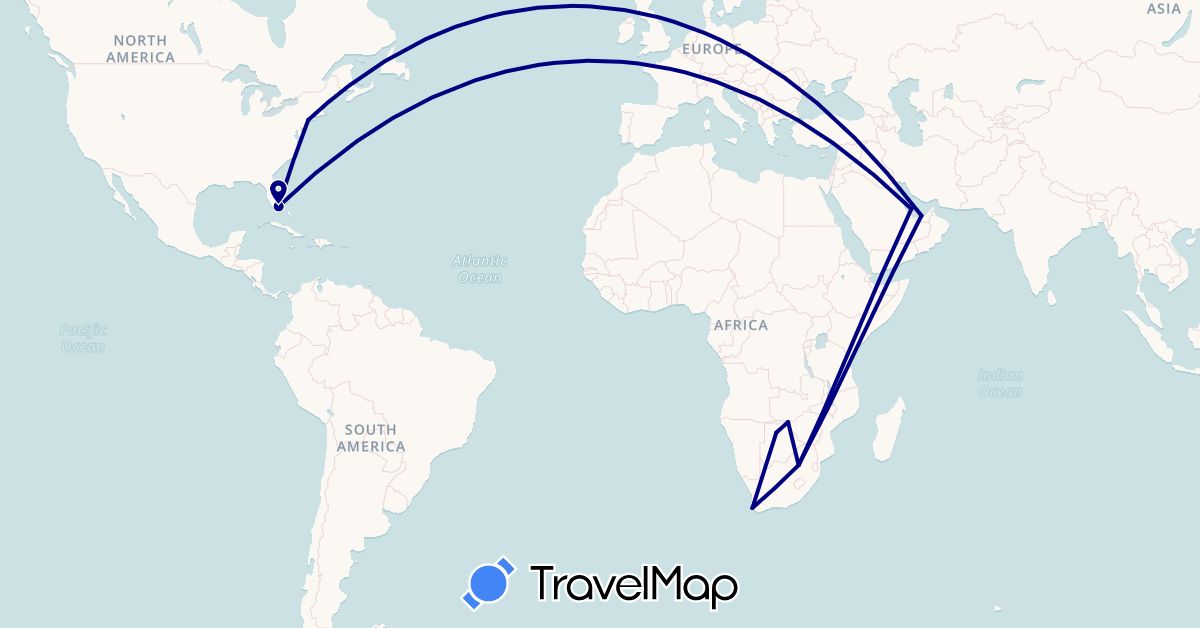 TravelMap itinerary: driving in United Arab Emirates, Botswana, Qatar, United States, South Africa, Zambia (Africa, Asia, North America)